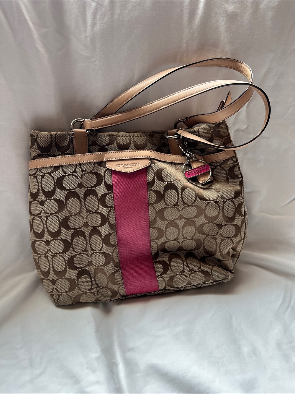Coach Canvas Shoulder Bag with Pink Center Stripe